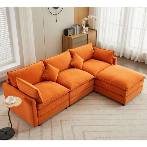 Product Features   Modern L-Shaped Design: This stunning 3-seater sofa couch features a modern L-shaped design that is stylish and trendy, suitable for every home, and accentuating your living space with its elegant charm. Comfy Couch Pillows, Sofa With Ottoman, Modular Couch, Living Room Orange, Plush Sofa, Modular Sectional Sofa, L Shaped Sofa, Sofa Seats, Modular Sectional