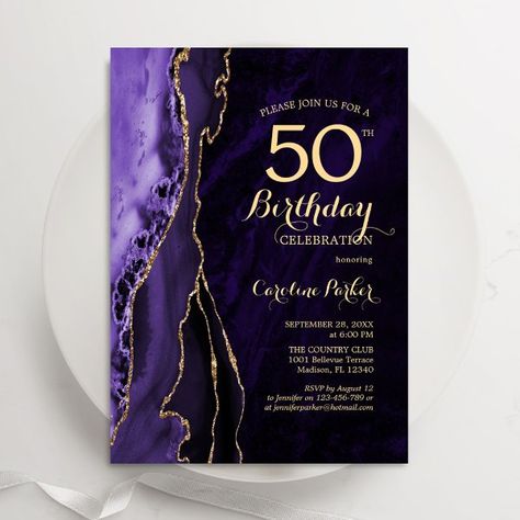 Purple Gold Agate 50th Birthday Invitation Birthday Invitations Purple, Purple Themed Birthday, Purple Themed Birthday Party, 65 Birthday, Surprise 50th Birthday Party, Surprise 30th Birthday, 90th Birthday Invitations, Invitation Purple, Surprise Birthday Invitations