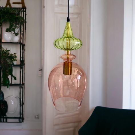 Rosy Dome Blown Glass Light pendant: Custom colours by LesTroisPyramides on Etsy Pendant Lighting Kitchen, Bedroom Eclectic, Blown Glass Lighting, Wire Installation, Plug In Pendant Light, Edison Bulbs, Glass Light, Kitchen Pendant Lighting, Half Bath