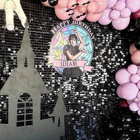 Balloons and Blooms on Instagram: "Wednesday Addams party in full effect 🕸️ 🕷️ all our jumpers can be customized with matching Logos. 💞😍😍 they are so cute !!!!! #wednesdayaddams #wednesdayaddamsparty #party #partyideas #kidsparty #rentals #backdrops #repost" Wednesday Party Backdrop, Wednesday Addams Backdrop, Wednesday Backdrop, Wednesday Addams Party, Wednesday Party, Background Screensavers, Dance Props, Halloween Dance, Birthday Halloween Party