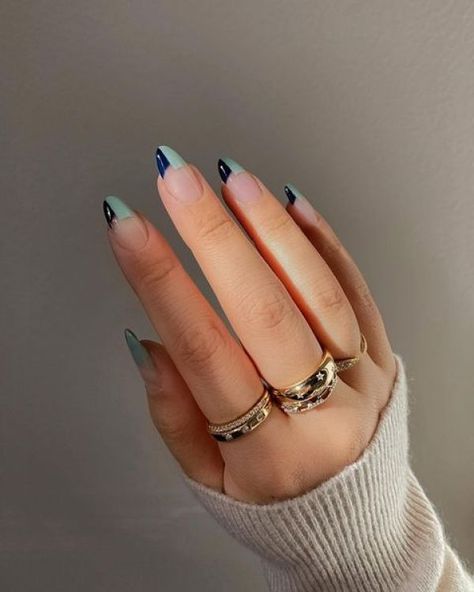 50+ Blue Nails That Are Super Trendy Right Now! - The Pink Brunette Blue Valentines Nails, Cute Almond Nails, Classy Almond Nails, Mint Green Nails, Mint Nails, New Nail Trends, Abstract Nail Art, Green Nail Designs, Pointed Nails