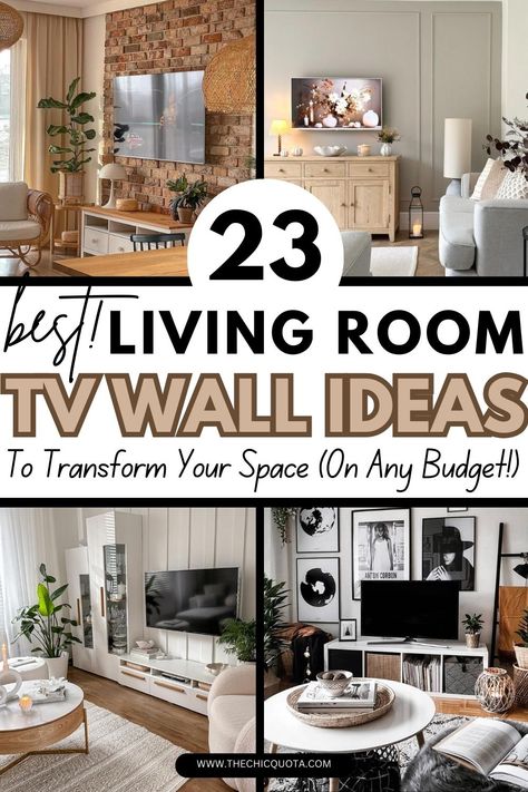 23 Stylish Living Room TV Wall Ideas For a Stunning Space - The Chic Quota Family Room Tv Wall Ideas Fireplaces, Living Room Modern Wall Decor Ideas, Tv Wall Design Living Room Classic, Living Room Decorative Wall, Living Room Decor Next To Tv, Living Room Wall Designs With Tv, Living Room Inspo Tv Wall, Living Room Wall Behind Tv, Wall Decor Over Tv Living Room