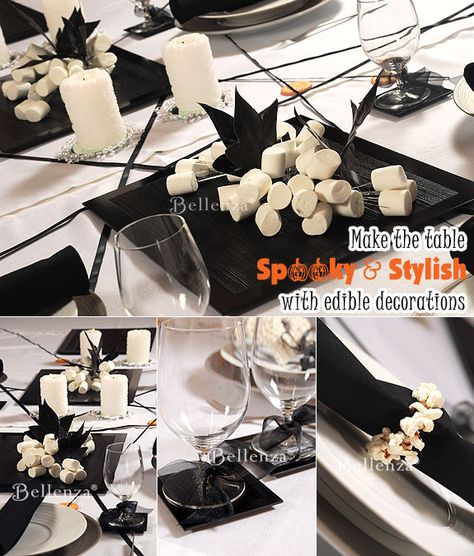 Marshmallow Halloween table centerpieces with candles #halloween #centerpieces #placesettings #blackandwhite Bridal Shower Table Centerpieces, Tricks For Halloween, Marshmallow Halloween, Unique Bridal Shower Themes, Halloween Wonderland, Bridal Shower Favors Cheap, Halloween Centerpieces, Halloween Bridal Showers, Unique Bridal Shower Favors