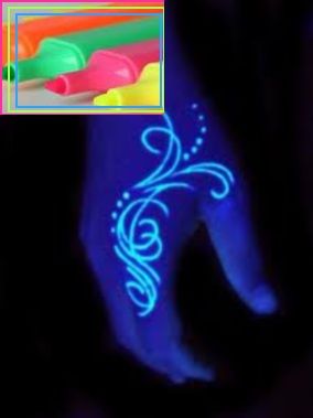 Use highlighter pens to create awesome blacklight body art! Blacklight Tattoo, Uv Ink Tattoos, Glow Tattoo, Black Light Tattoo, Uv Tattoo, Light Tattoo, White Ink Tattoo, Dark Tattoo, White Tattoo