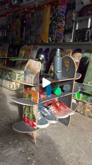 Skateboard Furniture on Instagram: "The skateboard shelf! Made entirely from used boards and can easily be taken apart. Full video will be up on YouTube soon! #skatechair" Skateboard Shelves Diy, Skateboard Shelf, Skateboard Shelves, Skateboard Furniture, Skateboard Rack, Take Apart, January 22, Diy Shelves, Wood Stand