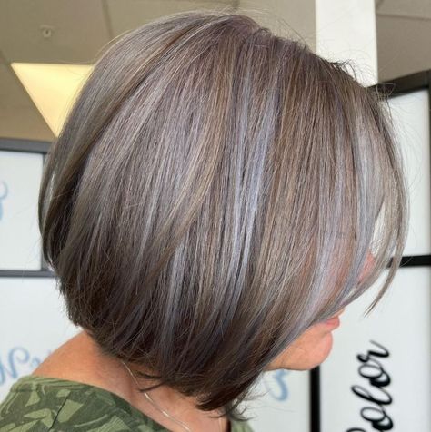 Warm Brown Bob with Gray Highlights Grey Hair With Brown Lowlights, Gray Highlights Brown Hair, Brown Hair Going Grey, Brown Hair With Silver Highlights, Grey Brown Hair, Soft Blonde Hair, Gray Blending, Gray Highlights, Golden Brown Hair Color