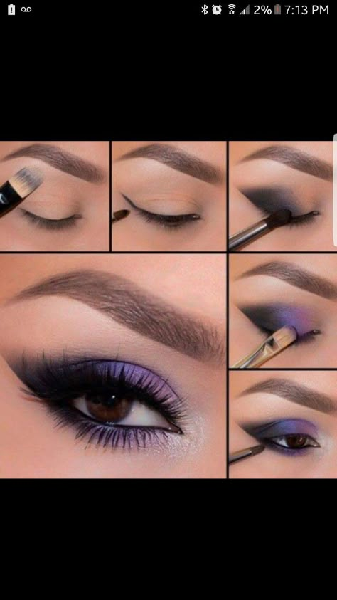 Makeup Pictorial Hooded Eyes, Black Purple Makeup, Purple Smokey Eye Makeup, Purple Eye Makeup Tutorial, Purple Makeup Looks, Black Eye Makeup, Purple Smokey Eye, Purple Eye Makeup, Bluish Purple