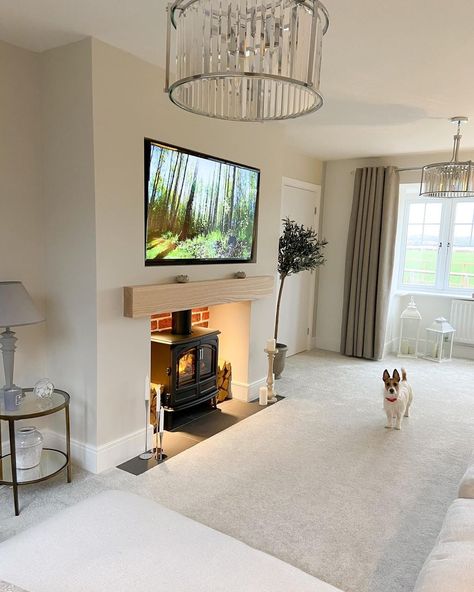 Grey Living Room Carpet, Lounge With Log Burner And Tv, Tv On Chimney Wall Log Burner, Lounge Tv Storage And Fire, Cream Log Burner, Media Unit With Electric Fire, Cozy Grey Living Room, Greige Living Room, Log Burner Living Room