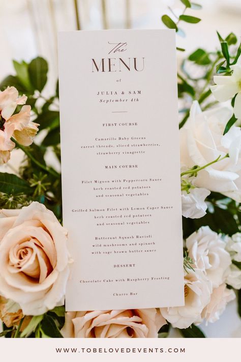 Are you looking for the perfect wedding menu inspiration? This menu is sure to impress your guests. Featuring gourmet dishes like Filet Mignon and Grilled Salmon, it’s as delicious as it is elegant. The seasonal design is perfect for a romantic celebration. If you’re dreaming of a fall wedding filled with stylish details and inspiring ideas, this menu is for you.  Check out my website for more wedding menu design ideas!   Photo credit: Nicole Catherine Photography Menu Design Ideas, Wedding Menu Design, Wedding Menus Design, Gourmet Dishes, Lemon Caper Sauce, Raspberry Frosting, Elegant Wedding Menu, Chocolate Raspberry Cake, Menu Inspiration