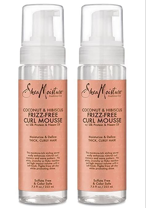 The SheaMoisture Coconut and Hibiscus Frizz-Free Curl Mousse, blended with Fair Trade Shea Butter, to make your curly hair beautiful and bouncy. Shea Moisture Coconut, Curly Hair Mousse, Coconut Hibiscus, Curl Mousse, Enhance Natural Curls, Exfoliating Body Wash, Frizz Free Curls, Dry Brittle Hair, Styling Mousse