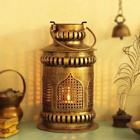 Iron Lantern, Diya Lamp, Antique Table Lamps, House Warming Ceremony, Bell Art, Meditation Room Decor, Oil Lantern, Iron Lanterns, Spiritual Decor