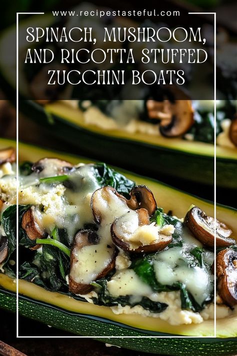 These Spinach, Mushroom, and Ricotta Stuffed Zucchini Boats are a delightful and healthy dish that combines fresh vegetables with creamy cheese, making them perfect for a light lunch or dinner. Spinach Recipes Healthy, Zucchini Boat Recipes, Veggie Main Dishes, Eggplant Recipes Easy, Stuffed Zucchini Boats, Mushroom Recipes Healthy, Spinach Mushroom, Stuffed Mushroom, Stuffed Zucchini