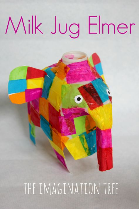 Milk jug Elmer elephant craft Elmer Elephant, Elephant Craft, Milk Jug Crafts, Elmer The Elephants, Imagination Tree, Elephant Crafts, Tissue Paper Crafts, Paper Crafts For Kids, An Elephant