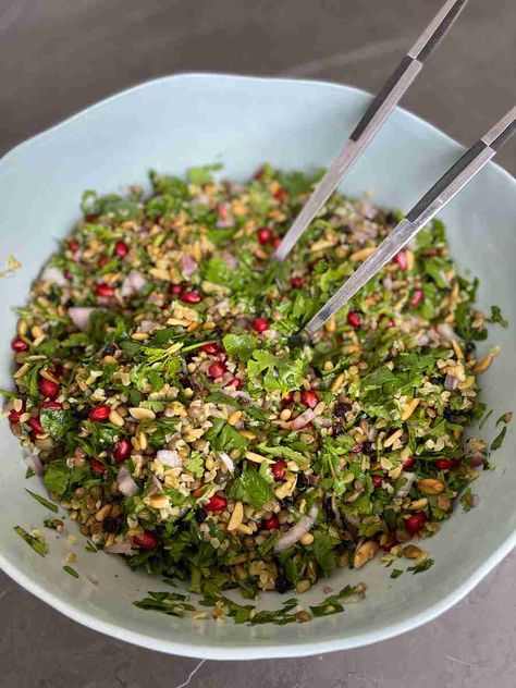 Cypriot Grain Salad | Kali Orexi Pomegranate Recipe, Grain Salad Recipes, Canned Lentils, Pomegranate Recipes, French Lentils, Grain Salad, Salad Bar, Greek Salad, Middle Eastern Recipes