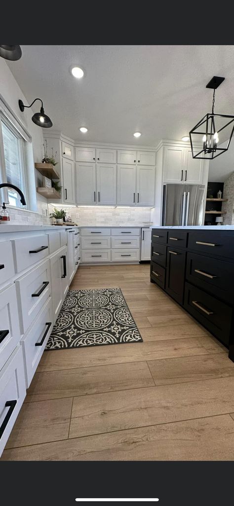 Kitchen Cabinets Black Hardware, White Kitchen Cabinets Black Hardware, High Kitchen Cabinets, Kitchen Cabinets With Black Hardware, White Cabinets Black Hardware, Cabinets With Black Hardware, Black Hardware Kitchen, Barndominium Kitchen, Black And White Cabinets