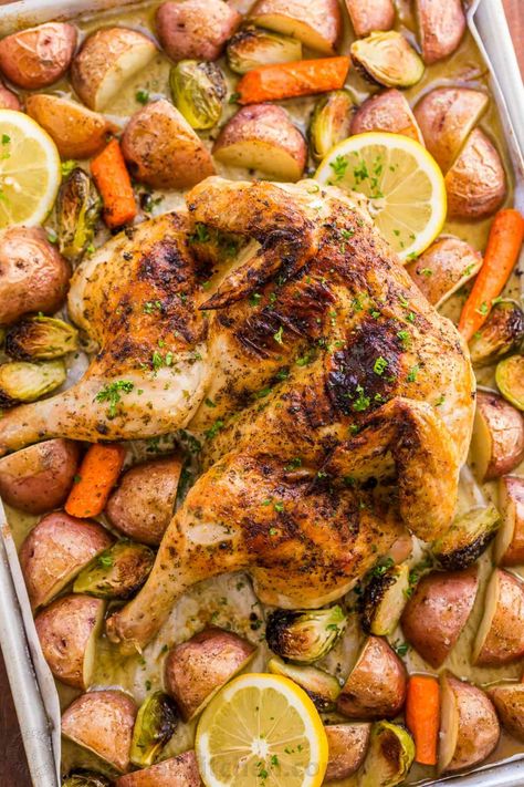 This Spatchcock chicken recipe is our favorite way to roast a whole chicken. Every part of the roasted chicken turns out juicy and so flavorful with that garlic herb butter. Easy and delicious one pan chicken dinner! | natashaskitchen.com Roasted Chicken Halves Oven, Baked Chicken Halves, Whole Cut Up Chicken Recipes, Half Chicken Recipes, Chicken Diane, Best Roast Chicken, Roast A Whole Chicken, Herbed Butter, The Best Roast