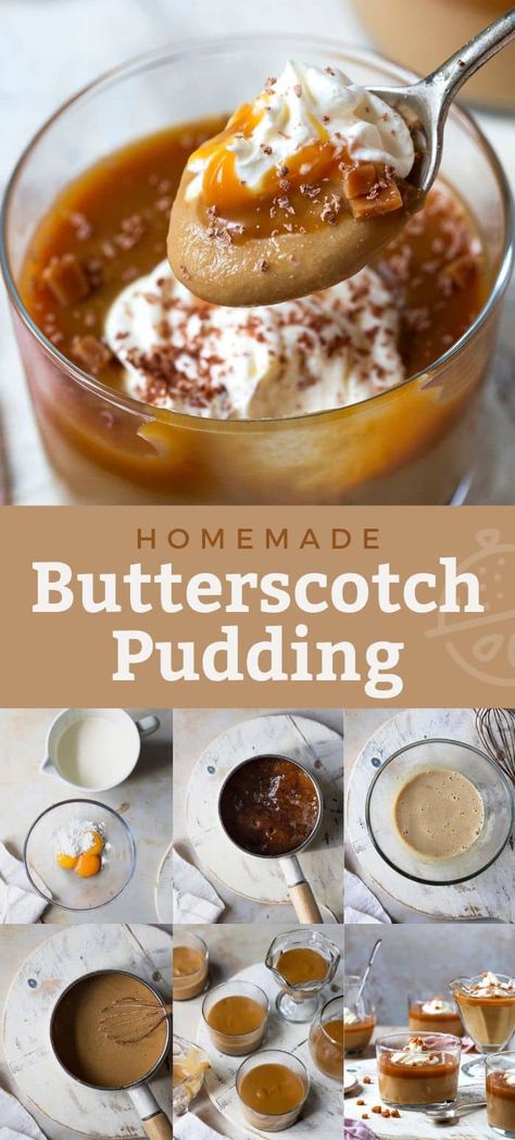 Made with simple ingredients and in 15 minutes, this silky and decadent Butterscotch Pudding is the ultimate comfort food creamy dessert, packed with rich flavor and caramel notes from dark brown sugar. Topped with whipped cream, toffee bits, caramel, and grated chocolate this homemade pudding recipe will satisfy all your cravings. #lemonblossoms #dessert #butterscotch Butterscotch Mousse, Homemade Pudding Recipe, Butterscotch Pudding Recipes, Butterscotch Desserts, Homemade Butterscotch, Butterscotch Recipes, Frozen Pudding, Butterscotch Candy, Winter Meals