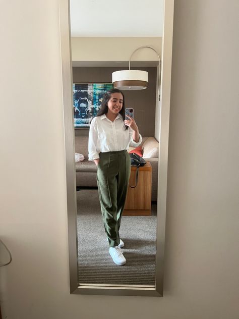 I bought the white button shirt and green pants at Target. Pants are great length for shorties (I’m 5’1”). Shoes are from puma. Green Colour Dress, White Shirt Outfit, White Button Shirt, Target Pants, White Shirt Outfits, Pants White, Great Lengths, Green Pants, Green Colour