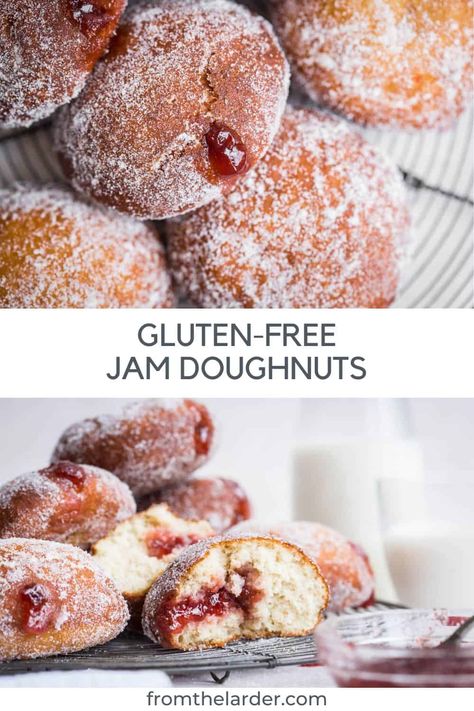 Gluten-Free Doughnuts with Yeast (jam doughnuts). This recipe tastes just like the real thing and will satisfy any sweet tooth. It uses an easy homemade flour blend and no xanthan gum for soft fluffy doughnuts which you can fill with your favourite jam and roll liberally in crisp sugar. #glutenfree #doughnuts #glutenfreedoughnuts #jellydonuts #glutenfreedonuts Gluten Free Snacks Recipes, Gluten Free Doughnuts, Jelly Donuts, Homemade Flour, Gluten Free Donuts, Gluten Free Restaurants, Gluten Free Dishes, Gluten Free Bakery, Homemade Gluten Free