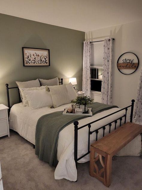 Cottage Aesthetic Bedroom, Bedroom With Window, Olive Green Rooms, Olive Green Bedroom, Olive Green Bedrooms, Nice Rooms, Green Accent Walls, Cottage Aesthetic, Interior House Colors