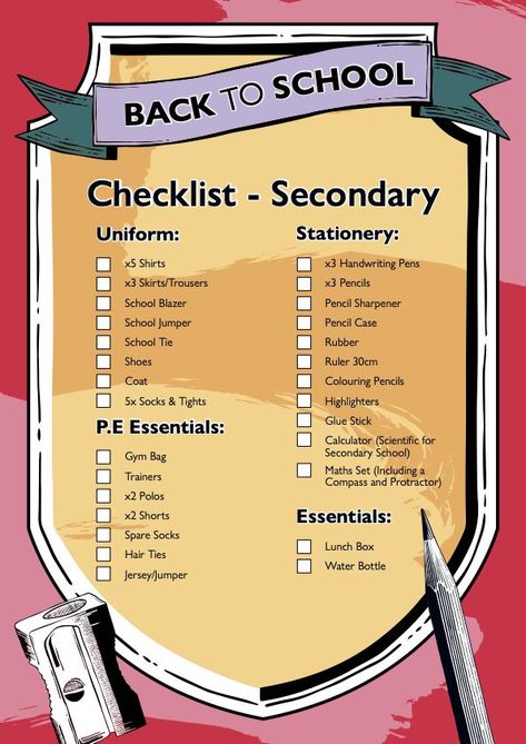 Looking for secondary school ideas? When you're heading back to high school it's useful to have a to-do list of things you need. From school uniform (yes, that does include PE and sports) through to the necessary handwriting pens, pencils and highlighters, we've got the list for you. Back To High School, School Jumpers, School Blazer, Back To School Stationery, School Ties, Back To School Checklist, School Checklist, School Supplies List, Back To School Essentials