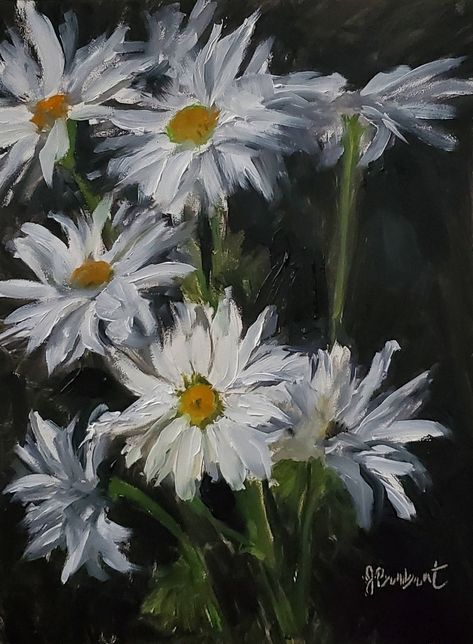 Shasta Daisies, 6x8, an original oil painting by artist, Jill Brabant.   This painting is a small study from life of Daisies from my garden and was created for the Strada Easel 30-day Painting Challenge, sold unframed.  This painting makes a great gift to brighten a special someone's day. Want it framed? Just send a convo and I will send the options and pricing. To view my other paintings, visit: www,JillBrabant.com. Flower Painting Daisy, Flower Painting Simple Acrylic, Painting Ideas To Gift Someone, Soft Flower Painting, Oil Painting Floral, Daisy Gift Ideas, Oil Paint Drawings, Painting Ideas Oil Paint, Paintings For Gift