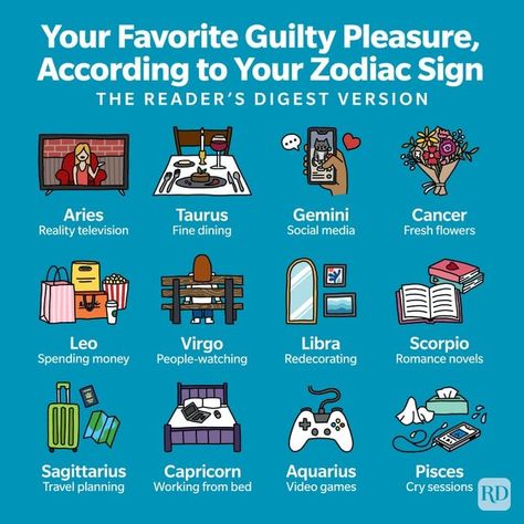 From dessert menus and doomscrolling to debating reality TV, here's how your zodiac indulges in guilty pleasures. The post Your Favorite Guilty Pleasure, According to Your Zodiac Sign appeared first on Reader's Digest. Compass App, Reading Romance Novels, Leo Love, Body Stretch, Science Fiction Novels, Best Dramas, Readers Digest, Leo And Virgo, Reading Romance