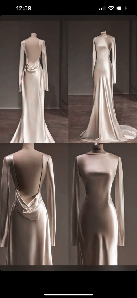 Champagne Colored Wedding Dress, Aesthetic Wedding Dress Simple, Wedding Dress While Pregnant, Fashion Designer Style, Long Sleeve Silk Wedding Dress, Ethereal Wedding Dress Goddesses, Casino Night Dress, Fancy Dinner Dress, Backless Formal Dress