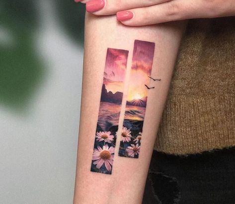 Tattoo photo - Sunset tattoo by Kozo Tattoo Kozo Tattoo, Rectangle Tattoo, Sea And Flowers, Small Daisy Tattoo, Iris Flower Tattoo, White Flower Tattoos, Realistic Flower Tattoo, Daisy Tattoo Designs, Sunset Tattoo