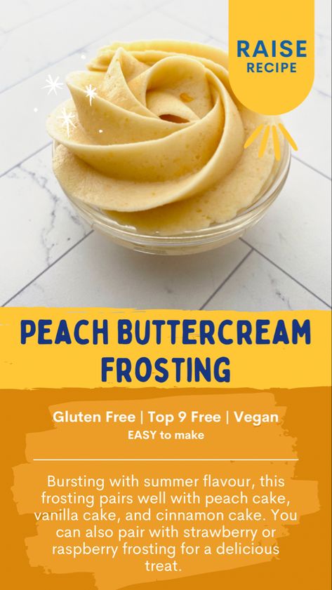 Rosette of dairy free, vegan peach buttercream frosting. Peach Frosting Recipe, Peach Buttercream Frosting, Peach Frosting, Butter Cream Recipe, Peach Buttercream, Buttercream Frosting Recipe Easy, Gluten Free Icing, Gluten Free Cupcake Recipe, Baked Doughnut Recipes