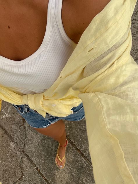 Summer outfit inspo, stockholm style, Mediterranean summer outfits, costal granddaughter aesthetic, denkm shorts, flip flops, aesthetic yellow outfit, linen shirt, copenhagen style, scandi style Yellow Linen Shirt Outfit, Flip Flop Aesthetic, Mediterranean Summer Outfits, Flip Flops Aesthetic, Outfit Inspo Stockholm, Yellow Linen Shirt, Linen Shorts Outfit, Linen Shirt Outfit, Costal Granddaughter