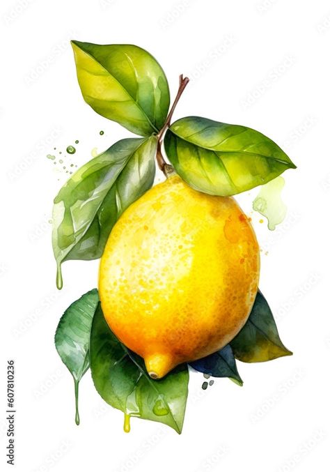 Lemon Art Paintings, Tree Branch Drawing, Watercolour Lemon, Lemon Clipart, Branch Drawing, Watercolor Lemon, Lemon Art, Watercolor Fruit, Fruit Painting