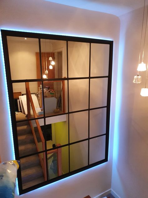 IKEA Mirrors and Homebase wood and black paint. Mirror Stairway Wall, Stairway Mirror, Mirror On Stairway Wall, Square Mirror Ideas, Top Of Stairs Decor, Black Mirror Wall, Stair Wall Design, Asian House Design, Ikea Mirrors