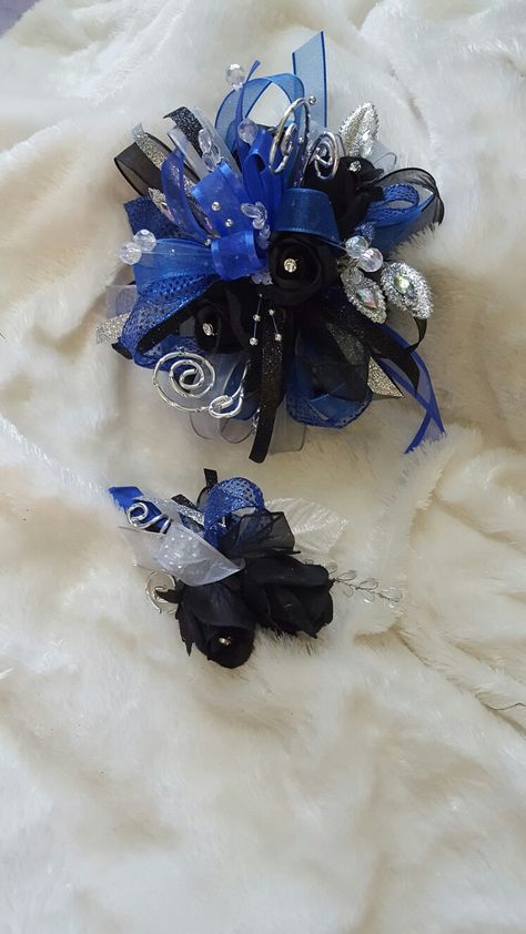 Black White Royal Blue Wedding, Blue And Black Corsage Prom, Black And Blue Corsage And Boutonniere, Black And Blue Corsage, Royal Blue And Black Corsage, Black And Royal Blue Prom, Royal Blue Corsage And Boutonniere, Royal Blue Corsage, Prom Wristlet