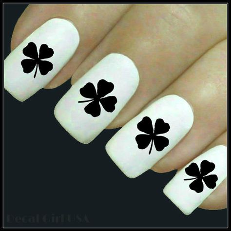 4 Leaf Clover Nail Art, Four Leaf Clover Nail Design, 4 Leaf Clover Nails, Clover Nail Art, Clover Nails, March Nails, Water Slide Decals, St Patricks Day Nails, 4 Leaf Clover