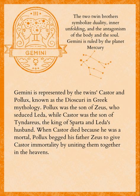 Castor And Pollux Mythology, Gemini Mythology, Astronomy Club, Astrology Journal, Astrology Meaning, Castor And Pollux, Leo And Aquarius, Son Of Zeus, Zodiac Gemini