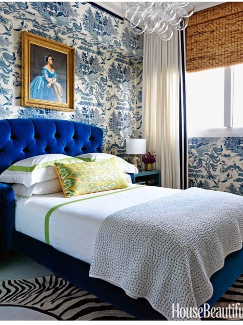 Sapphire Blue Headboard Chinoiserie Bedroom, Classic Apartment, Miami Apartment, Blue Headboard, Blue And White Wallpaper, Velvet Headboard, Chinoiserie Chic, Globe Chandelier, Dreamy Bedrooms