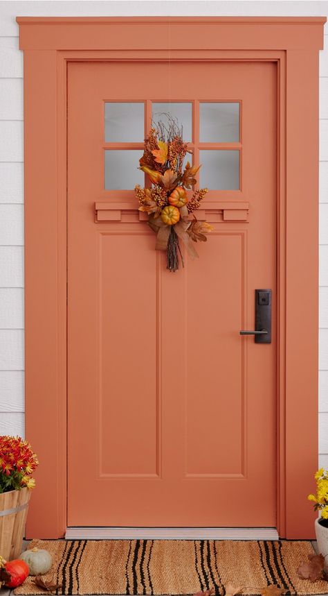 Peach Door, Coral Front Door Colors Sherwin Williams, Dishy Coral Front Door, Rustic Orange Front Door, Coral Front Doors, Coral Door, Cottage Door, Orange Interior, House Paint Exterior