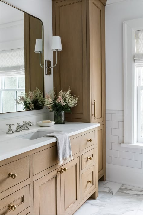 The Duke Project — Meg McSherry Interiors Primary Bathroom Storage, Modern Timeless Bathroom, Timeless Primary Bathroom, Bathroom Storage Cabinet Built In, Bathroom Built In Cabinet, Bathroom With Lots Of Storage, Master Bath Flooring, Bathroom Vanity With Storage, Vanity With Linen Cabinet