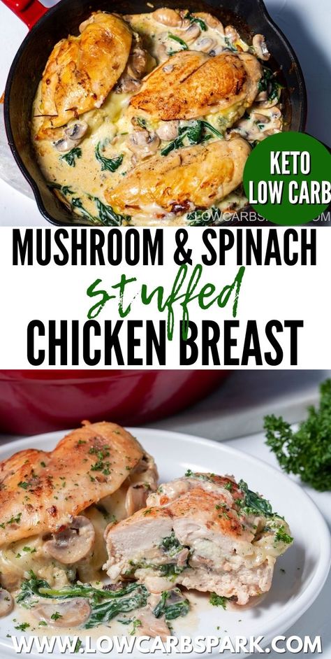 Healthy Stuffed Chicken Breast, Creamy Chicken Breast Recipes, Healthy Stuffed Chicken, Mushroom Stuffed Chicken Breast, Chicken Spinach Mushroom, Mushroom Stuffed Chicken, Spinach Stuffed Chicken Breast, Stuffed Chicken Breast Cream Cheese, Mushroom Stuffed