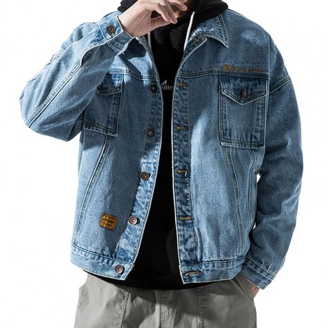 Casual Men Coat  Long Sleeve Super Soft Denim Jacket  Korean Style Single Breasted Jeans Coat Embroidered Coat, Workwear Jacket, Retro Men, Jeans Casual, Denim Jacket Men, Mens Fleece, Denim Coat, Outerwear Coats, Blue Jacket