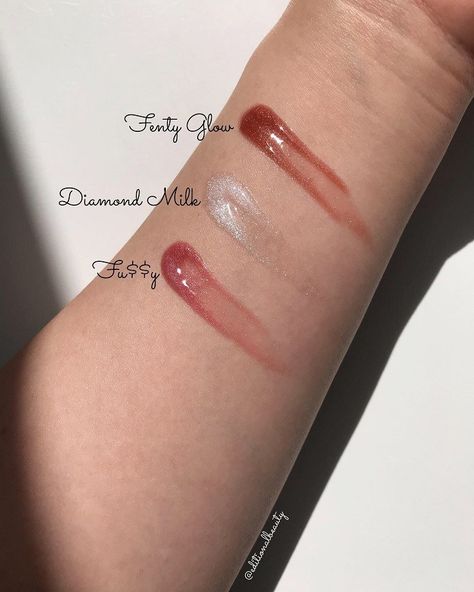 Fenty Beauty Gloss Bomb Universal Lip Luminizer Fu$$y Review & Swatches Fenty Beauty Lip Gloss Swatch, Fenty Gloss Swatch, Fenty Lip Gloss Swatch, Fenty Beauty Lip Gloss Sweet Mouth, Fenty Glow Lipgloss, Gloss Fenty Beauty, Fenty Beauty Lip Gloss, Olive Skin Lipstick, Fenty Gloss