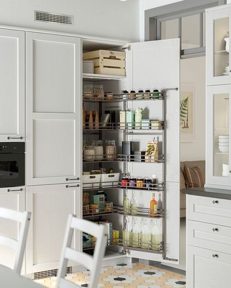 IKEA on Instagram: "The pull-out shelves you never knew you needed 🙌 #IKEA #LifeAtHome #METOD #UTRUSTA" Ikea Pantry Organization, Organiser Cucina, Beautiful White Kitchens, Pull Out Pantry, White Shaker Kitchen, Pull Out Shelves, Small Kitchen Storage, Kitchen Organisation, Kitchen Installation