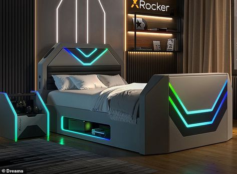 Gaming Bedroom Ideas, Tv Bed Frame, Gaming Bed, Sofa Bed Blue, Green Headboard, Pink Headboard, Gaming Bedroom, Blue Headboard, Tv Bed