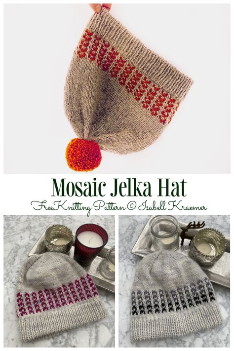 Mosaic Jelka Hat Free Knitting Pattern - Knitting Pattern Fair Isle Hat Pattern, Hat Free Knitting Pattern, Colorwork Knitting Patterns, Knitted Hats Kids, Hat Patterns Free, Crochet Heart Pattern, Knitting Patterns Free Hats, Dishcloth Knitting Patterns, Fair Isle Knitting Patterns