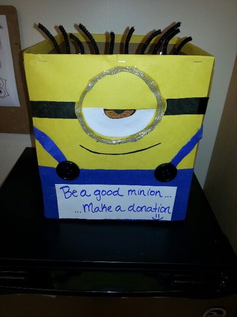 Minion donation box                                                                                                                                                                                 More Can Drive Box Ideas, Donation Boxes Ideas, Donation Box Decoration Ideas, Book Donation Box Ideas, Food Drive Boxes Ideas, Book Drive Box Ideas, Food Donation Box Ideas Diy, Can Food Drive Box Ideas, Candy Donation Box Ideas Halloween