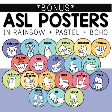 Non-verbal hand signals are guaranteed to reduce interruptions during instruction:
This classroom management tool works perfectly in a primary classroom. You'll be amazed with how much smoother teaching time can be! These round, rainbow bright posters come with 9 alphabet signs, in 4 different hand shades, and 3 designs to choose from. Post the hand signals in a visible location in your classroom. Refer to the posters if it is necessary to give students reminders to use them. Asl Signs For Classroom, Hand Signal Posters For Classroom, Sign Language Classroom Hand Signals, Sign Language For Classroom, Hand Signals Classroom, Classroom Sign Language, School Readiness Program, Classroom Hand Signals, Asl Classroom