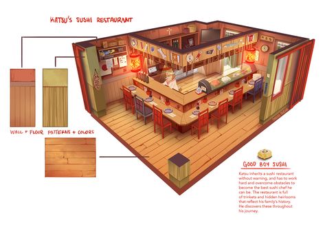 Behance :: Curated Galleries Bloxburg Sushi Restaurant, Minecraft Sushi Restaurant, Sushi Restaurant Interior, Dream Workplace, Resturant Interior, Isometric Room, Japanese Restaurant Interior, Interior Concept Art, Environment References