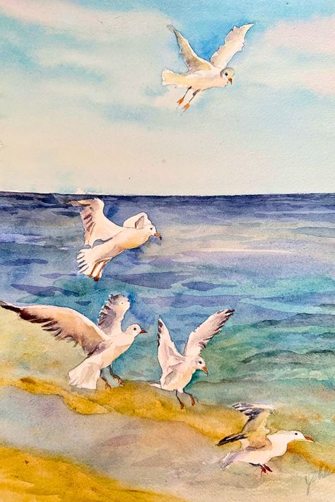 ORIGINAL %100 hand painted watercolor art This seagulls on the sea side painting is not a print This an ORIGINAL art Size 26x 36 cm / 10x14 inches Arches paper, %100 cotton, cold pressed #seagulls #seagullspainting #watercolor #watercolorpainting #walldecoration #homedecorideas #etsy #aquarelle #originalart Sea Side Painting, Seaside Paintings, Paint Crafts, Siding Paint, Etsy Ideas, Sea Side, Arches Paper, Nautical Art, Bird Drawings