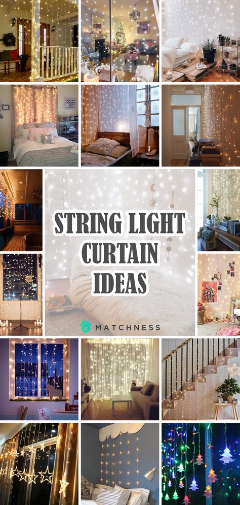 Fairy Lights Window Curtains, Lights On Curtains Living Room, Sheer Curtain Lights Bedroom, Led Curtain Lights Bedroom Ideas, Curtain Lights Bedroom Ideas Hanging, Fairy Light Living Room Decor, Bedroom Curtain Light Ideas, Curtain Christmas Lights, Curtain Lights Christmas Decor